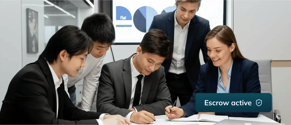 A team of five professionals reviewing a document together, with a blue 'Escrow active' pill and shield-check icon in the bottom-right.