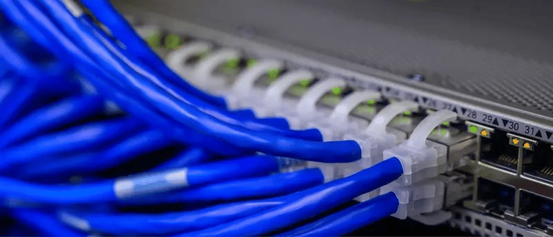 青いケーブルが接続されたルーターまたはサーバー。配備資産と環境構成を表す。