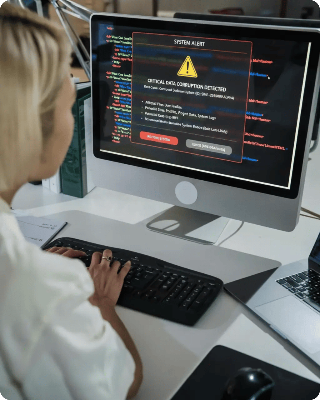 A person using a computer that displays a 'Critical system error' warning on the screen.